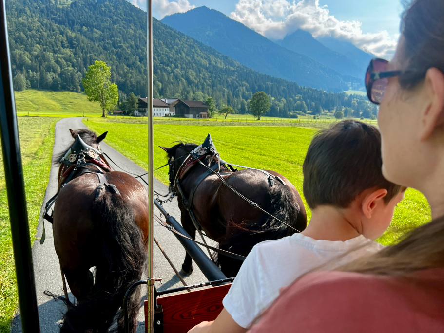 Zwei Personen, ein Erwachsener und ein Kind, fahren an einem sonnigen Tag in einer Pferdekutsche durch die grüne Landschaft des Kaiserwinkels in Tirol mit Bergen im Hintergrund. Die Aufnahme erfolgt von hinten, mit Fokus auf die beiden Pferde, die die Kutsche eine asphaltierte Straße entlang ziehen und so eine perfekte Naturidylle einfangen.